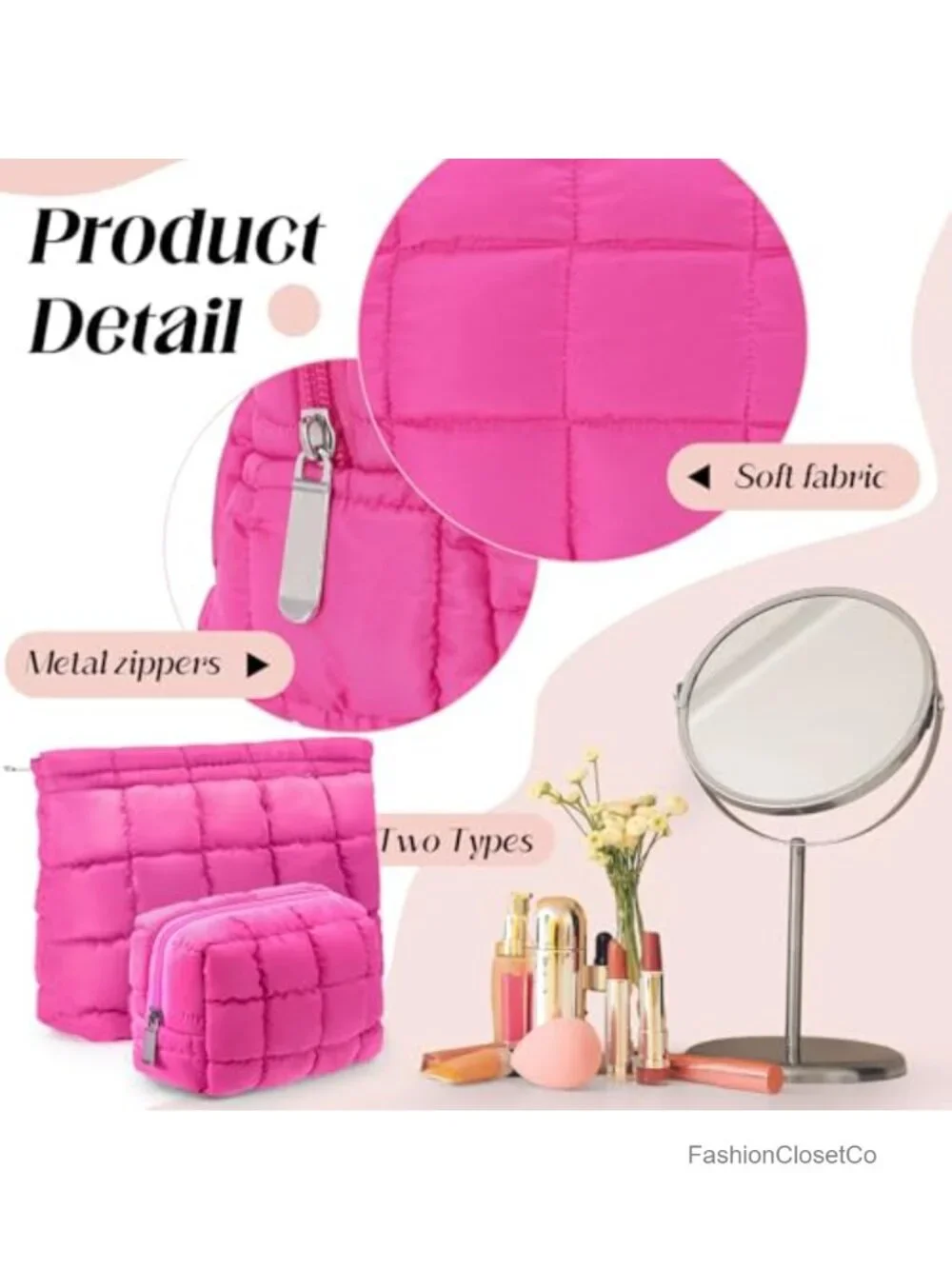 Quilted Cosmetic Bag Set Puffy Makeup Pouch Travel Toiletry Organizer Zipper